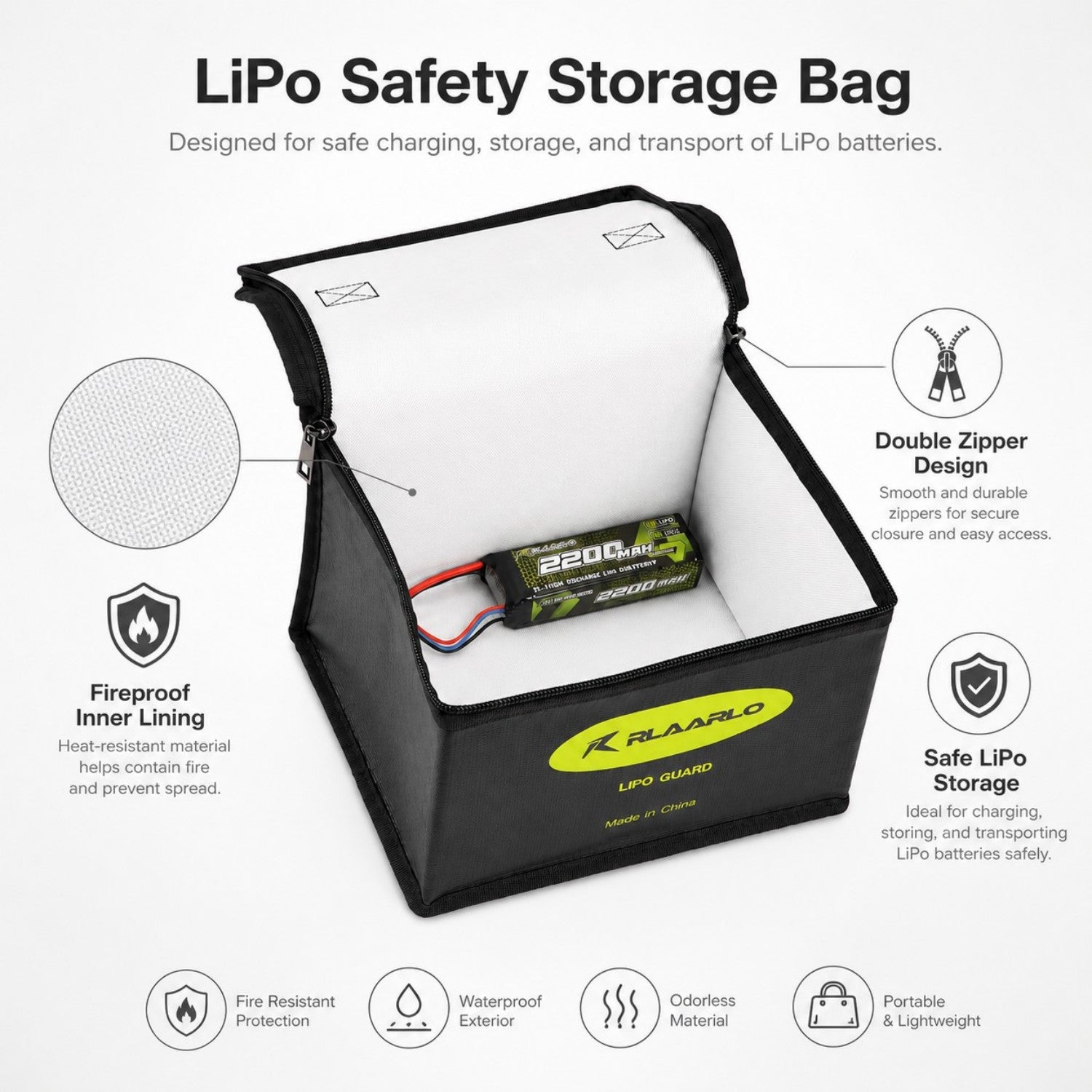 Rlaarlo RC Car Fireproof Explosionproof Battery Storage Guard Pouch for Lipo Charge &amp; Storage (8.46 x 6.5 x 5.71 in)
