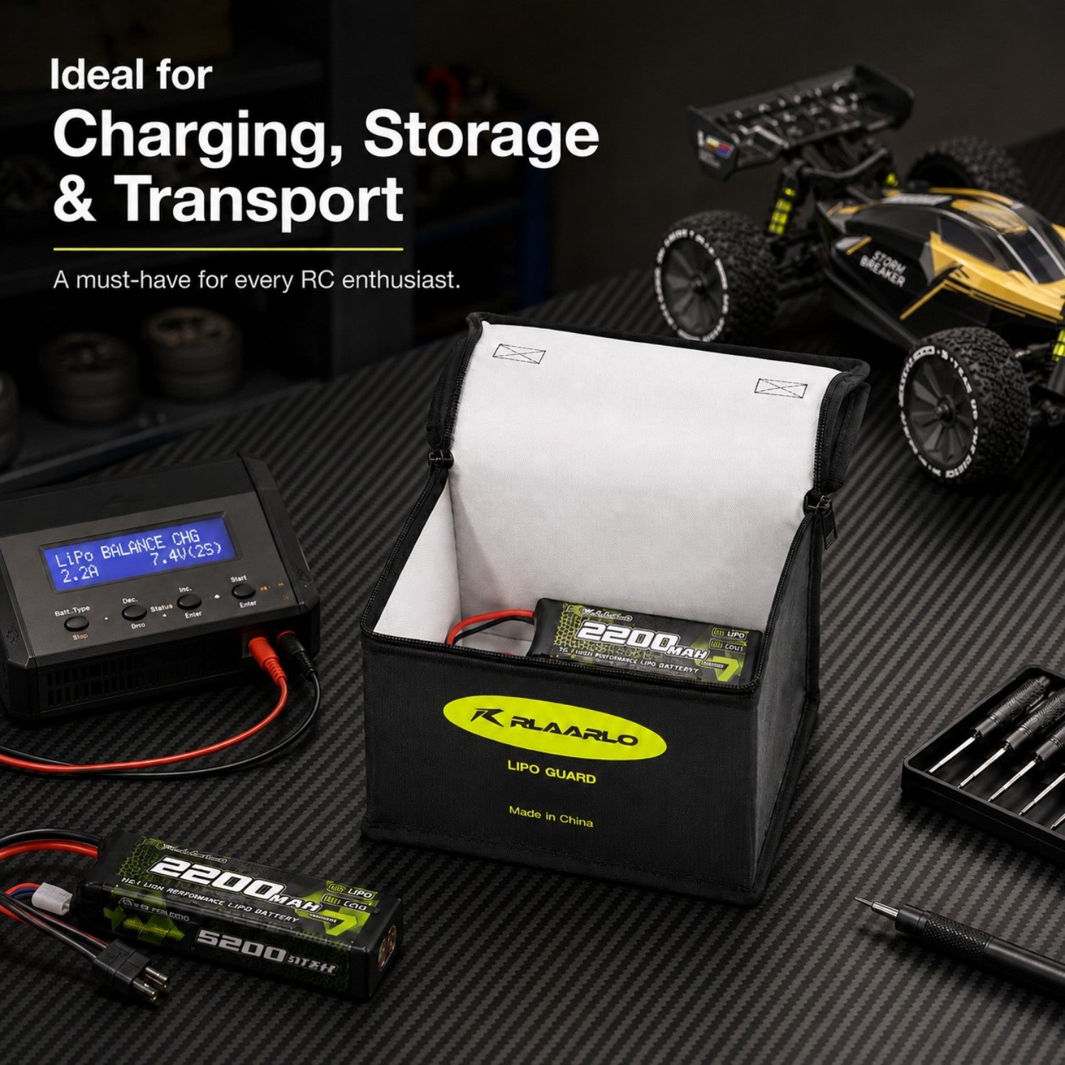 Rlaarlo RC Car Fireproof Explosionproof Battery Storage Guard Pouch for Lipo Charge &amp; Storage (8.46 x 6.5 x 5.71 in)