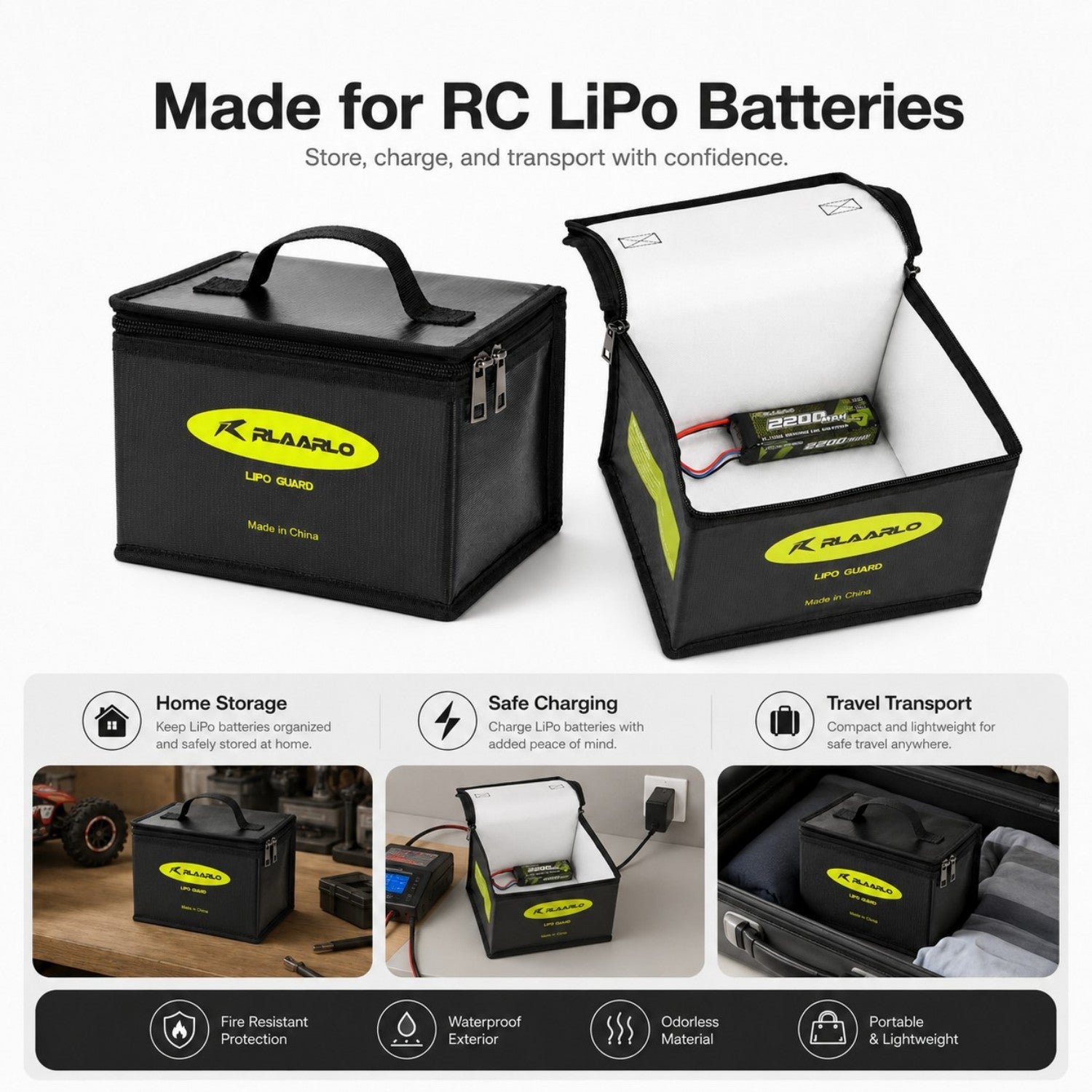 Rlaarlo RC Car Fireproof Explosionproof Battery Storage Guard Pouch for Lipo Charge &amp; Storage (8.46 x 6.5 x 5.71 in)