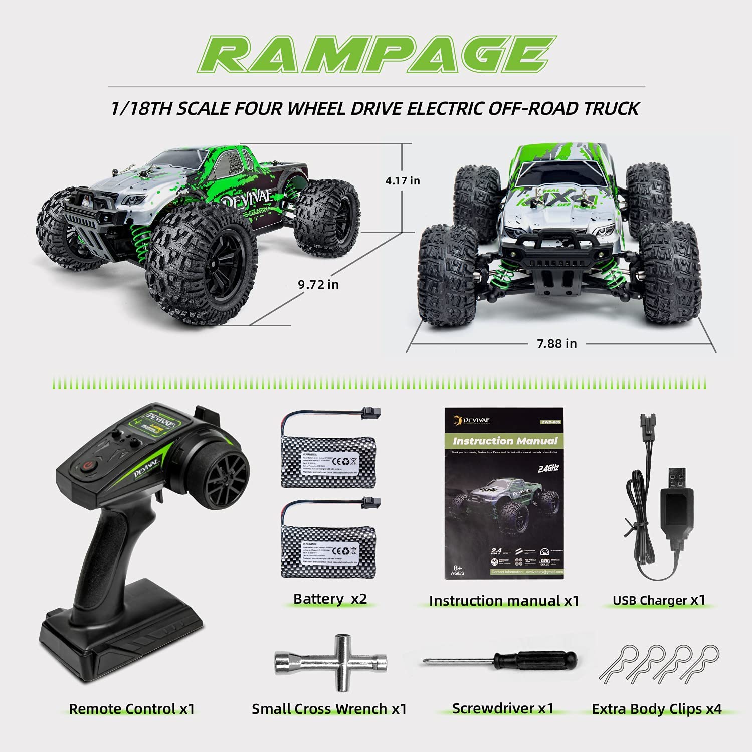 DEVIVAE 1/18 Monster Truck 36 KPH (2 Batteries), Green, RLD-18022G