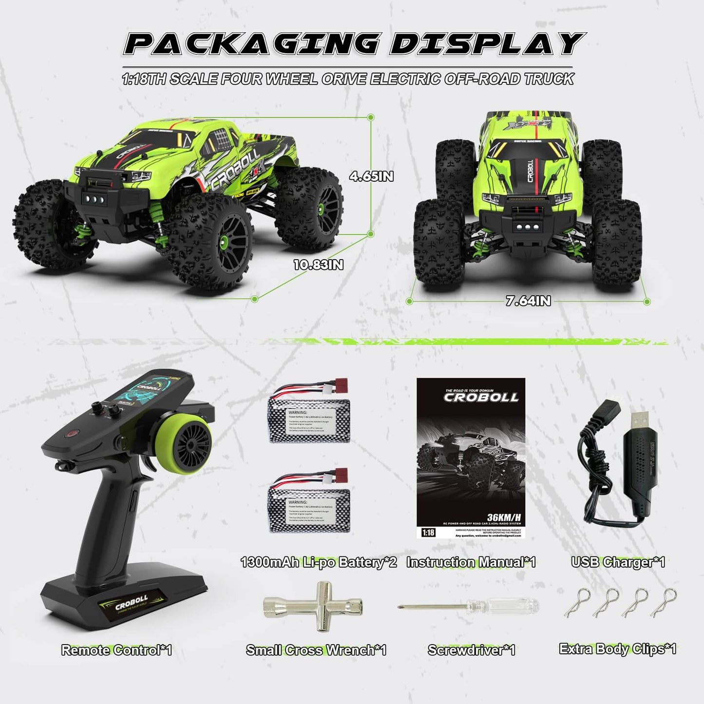 CROBOLL 1:18 Monster Truck 36 KPH High Speed RTR (2 Batteries), RLC-18022G